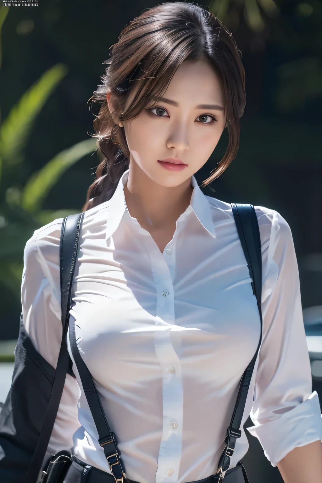 a woman in a suit, belt, hands behind back, sweating, suspenders, black pants, sexly, large breasts, see-through clothing, rain, detective, office worker, white button-up shirt, (best quality,4K,8k,highres,masterpiece:1.2),ultra-detailed,(realistic,photorealistic,photo-realistic:1.37),hyper-detailed,highly detailed face and body, Slender　thin　suspenders　Moderate breasts　See-through shirt　Nipples　holster　chain　Pistol　Armament　criminal　Female criminal　knife