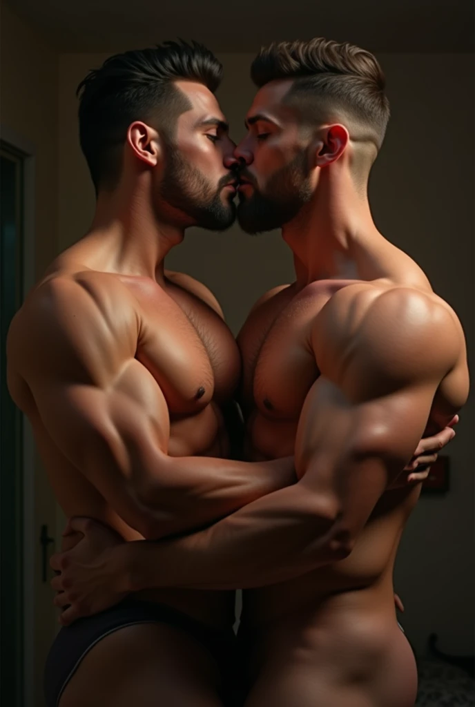 A muscular athlete kisses another muscular guy