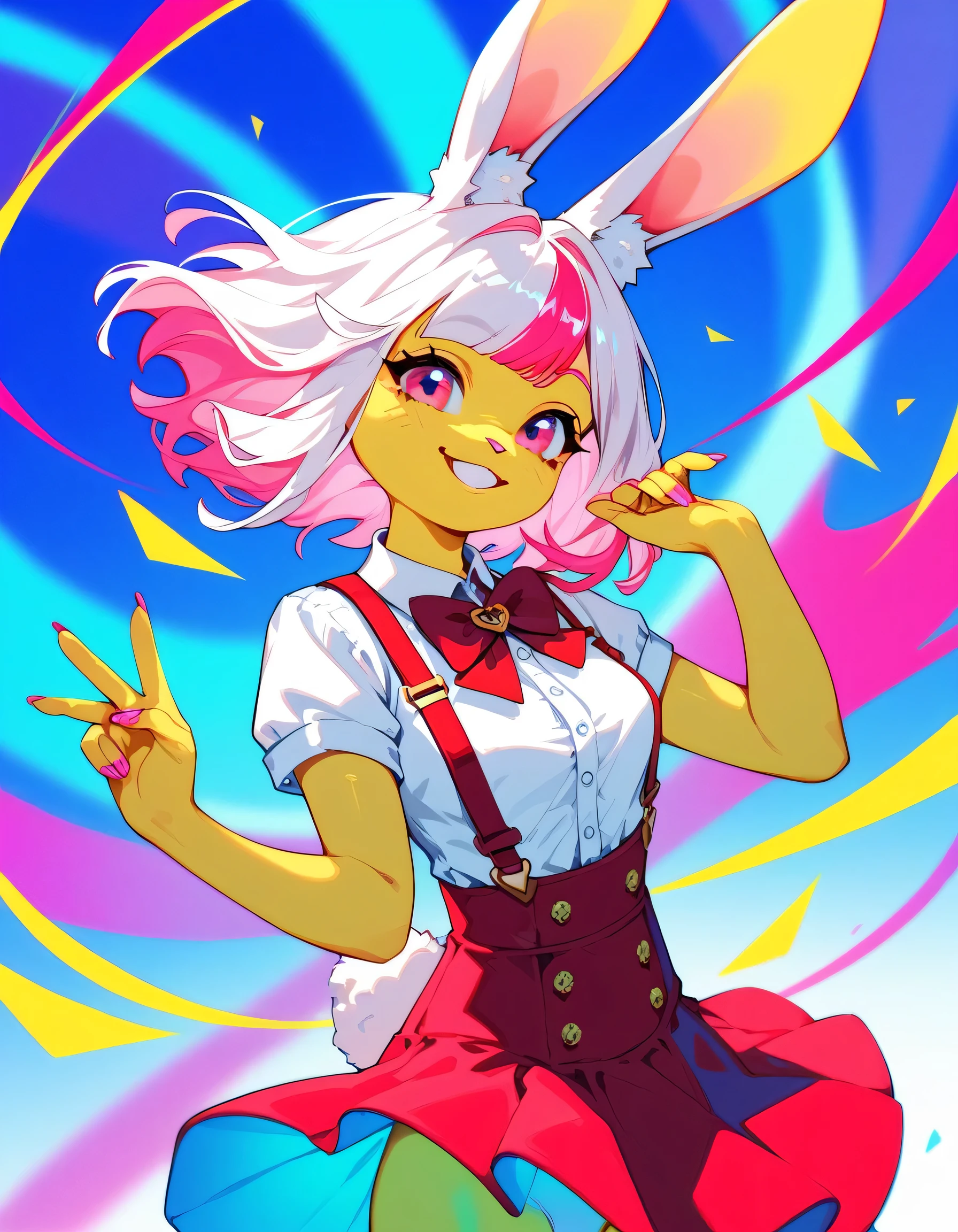 masterpiece, 1 rabbit girl, anthro, yellow skin, yellow fur, pink eyes, white hair, pink hair(inner colored hair), secret two-tone hair, grinning, suspenders short, light smile, white clothes, red skirt, vibrant coloring, medium hair, kind smile,