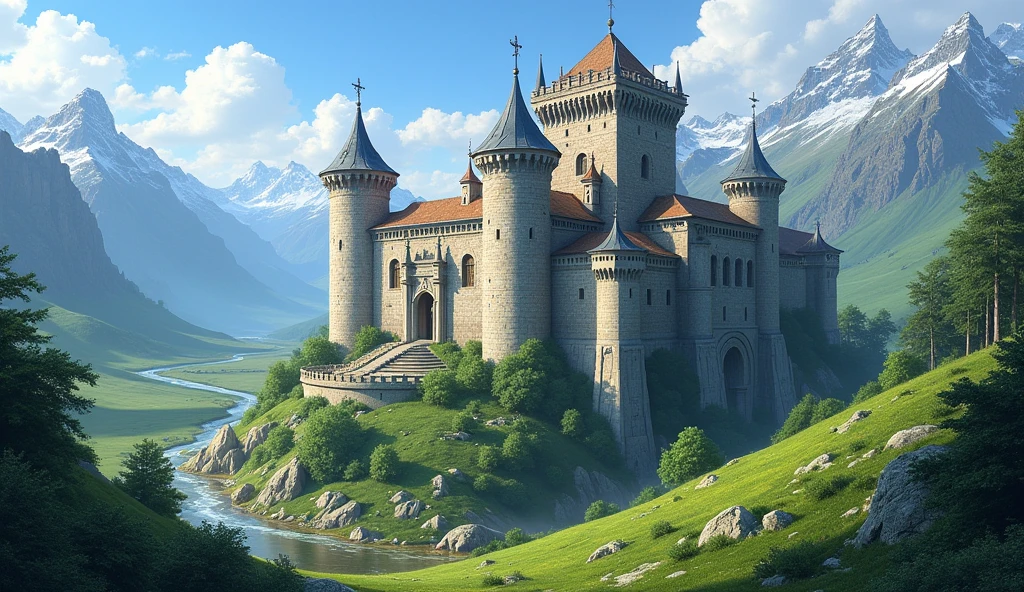 a small castle on the valley, detailed stone castle