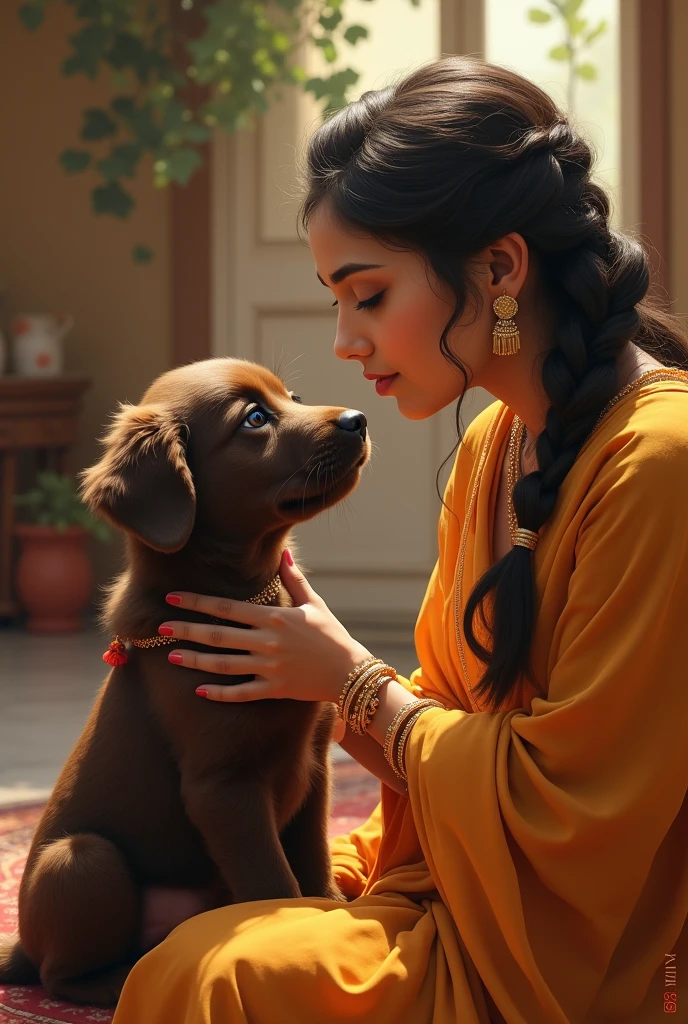 Devaki feeding Lord Krishna in his childhood. Here Krishna will be in the form of a dog, the dog will be little dark brown color golden retriever. Both dog and devaki face will be clearly visible