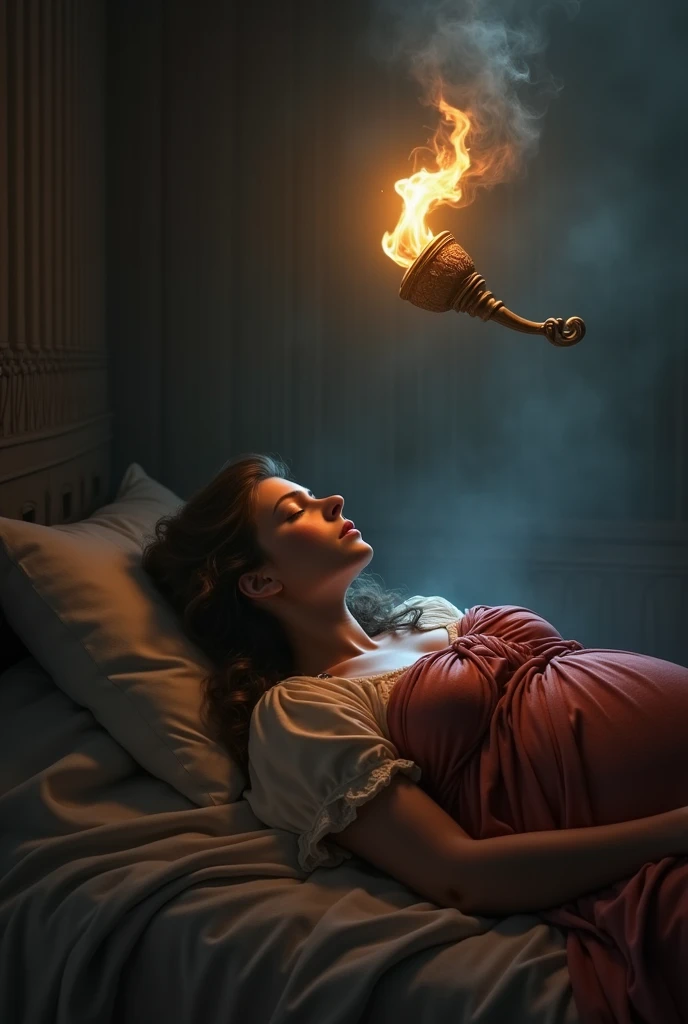 A tired-looking ancient Greek pregnant queen is lying in the dark room with her eyes closed and in her imaginary world, with a bright haze over her head and in the haze a flaming torch of ancient kind is floating in the air