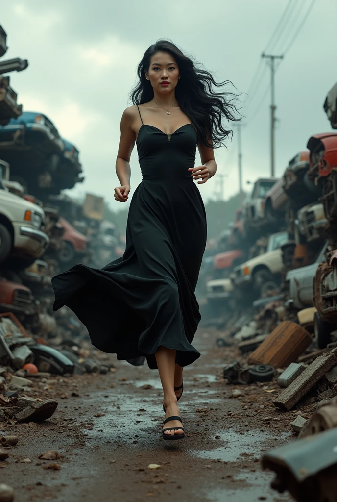 (photorealism:1.2), A curvy Asian woman, long wavy black hair, wearing a long black dress, black sandals, is running in a dumping ground for used cars, there are piles of damaged cars, scrap, cloudy sky