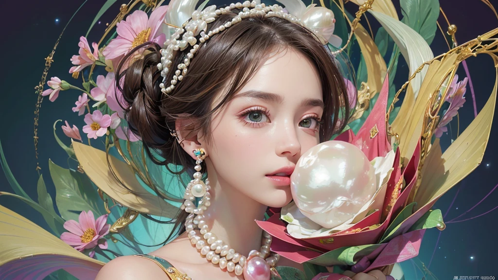 32K, 最高quality, 最高masterpiece, (ultra-Detailed Background, Detailed Background), High resolution, Super detailed, Very detailedな, 1 personの, (bouquet:1.3), (Tangled:1.2), (Geometric:1.2),(colorful),(masterpiece, quality, best quality, Official Art, Beautiful and beautiful:1.2), (1 person:1.3), Very detailed,(colorful:1.1)(Flowers:1.3),Most detailed,(Tangled:1.2), whole body, (Abstract background:1.3), (Skin glows), (Many colors:1.4), ,(Earrings Pearl:1.5), Light green background, It's imaginative., Brunette Hair, Updo, Holding a book, Holding a pen, Satin shirt