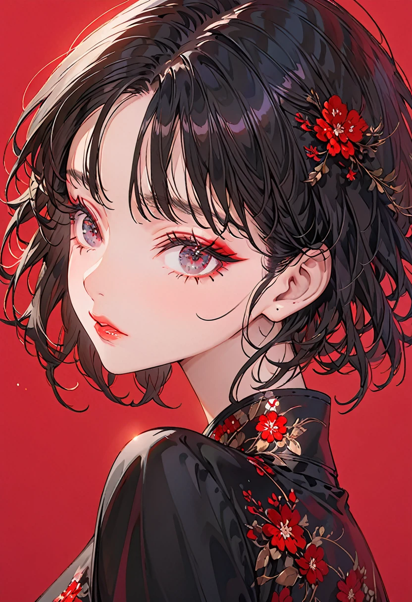 Crimson Background，(Highest quality,Very detailed,High resolution:1.2),A beautiful girl confused by memory loss，Black very short hair,Black bangs，very_Long eyelashes, Detailed lips, Cool look, Soft Skin, Shiny Hair,Exquisite makeup,