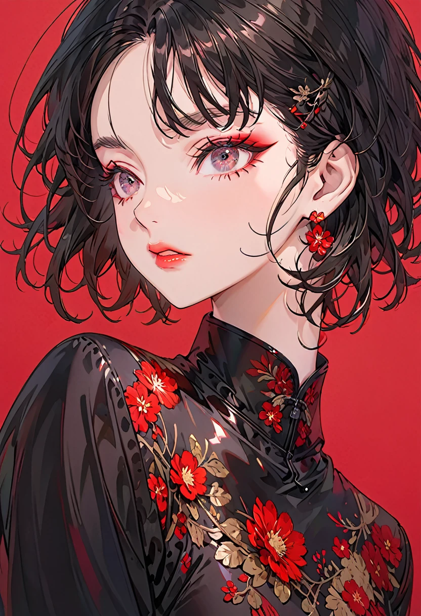 Crimson Background,(Highest quality,Very detailed,High resolution:1.2),A beautiful girl confused by memory loss,Black very short hair,Black bangs,very_Long eyelashes, Detailed lips, Cool look, Soft Skin, Shiny Hair,Exquisite makeup,