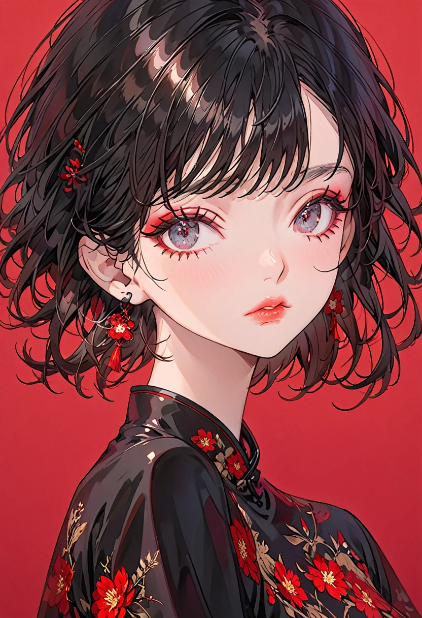 Crimson Background,(Highest quality,Very detailed,High resolution:1.2),A beautiful girl confused by memory loss,Black very short hair,Black bangs,very_Long eyelashes, Detailed lips, Cool look, Soft Skin, Shiny Hair,Exquisite makeup,