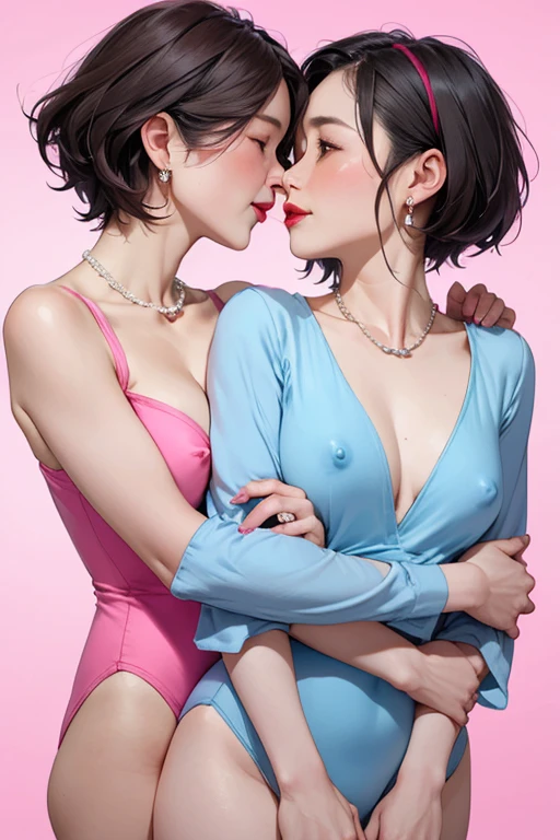 elegant japanese women in their 50s,2 married women,long eyelashes,bob haircut,red lipstick,blushed cheeks,pearl necklace,earrings,heavy eyeshadow,cleavage,pink leotard,nipples,passionate lesbian kiss,loving embrace,pink background,(full body focus)