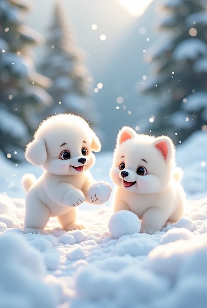 Snow Scene、snowball fight、A baby white toy poodle with a cute face and round ears、Cute white pomeranian baby、Big Head、トイプードルとポメラニアンのsnowball fight