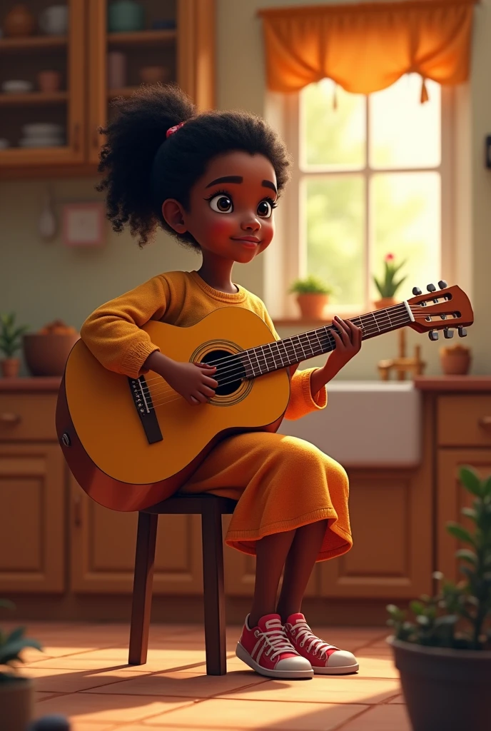 an african girl playing guitar in kitchen