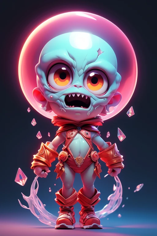 Create a monster image, a small, big-headed, baby monster.. The body is transparent and can be seen through. The image is sharp and detailed., with beautiful colors.. With arms, leg, eyes, mouth, พื้นหลังสีlegว