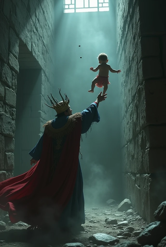 king kangsa throwing a baby towards a stone wall to kill , inside his jail fantasyreal