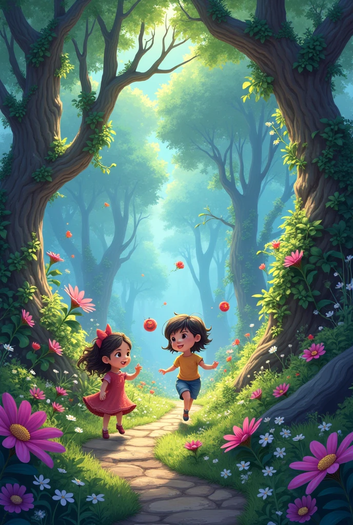 "A magical garden with colorful flowers, towering trees, and sparkling dust."I am animated characters
