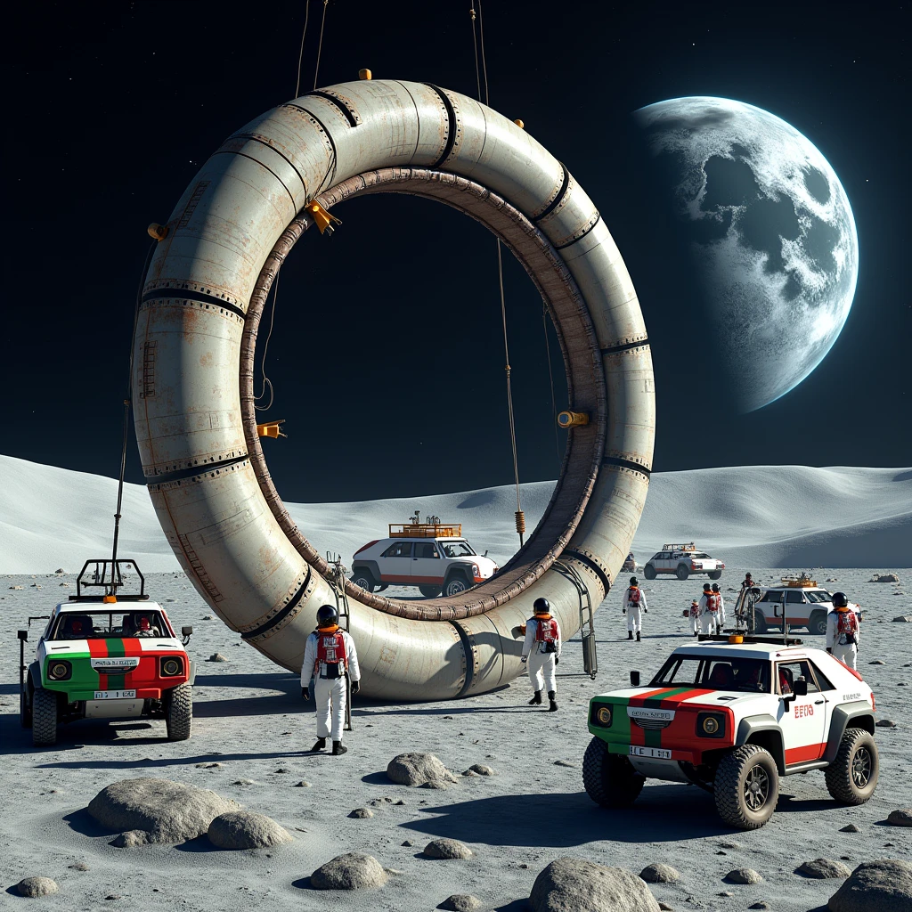 A scene of a Portuguese base camp on the moon. There are multiple moon buggies and astronauts in Portuguese outfits. The astronauts are assembling a large, circular structure. The background contains the Earth, which is partially visible.