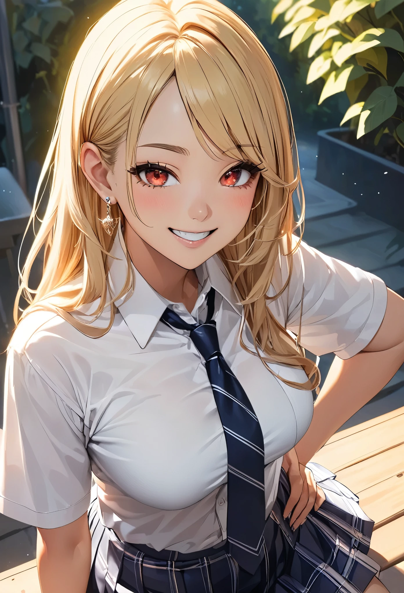 Tabletop anime character with long red hair and tie sitting on a bench, Highest quality, High resolution, Kitagawa Marine, One Girl, Blonde, Long Hair, Multicolored Hair, Red eyes, jewelry, Earrings, Earrings, school uniform, White shirt, tie shirt, Black choker, Blue tie, Checked skirt, Hands on hips, ,Grin, smile, Are standing, Cowboy Shot, Outdoor, Dark blue high socks　Magic Mix Real、(RAW Photos:1.2)、(Photorealistic:1.4)、The beauty of beautiful details　Delicate expression、Blondeの、((I can see your pants))(Squatting panchira)Earrings　Eyelashes　Beautiful and fine details、Large file size、Ultra-detailed、High resolution、Transcendental beauty　Highest quality、masterpiece、、(Japanese high school girls uniform))、Extremely detailed representation　 grow、In detail、Highly detailed facial cinematic lighting、Two、Positive、((Dynamic Pose)))、(Sit with your knees bent))、Pleated skirt、blazer、Sexy upward glance、I am smiling at you