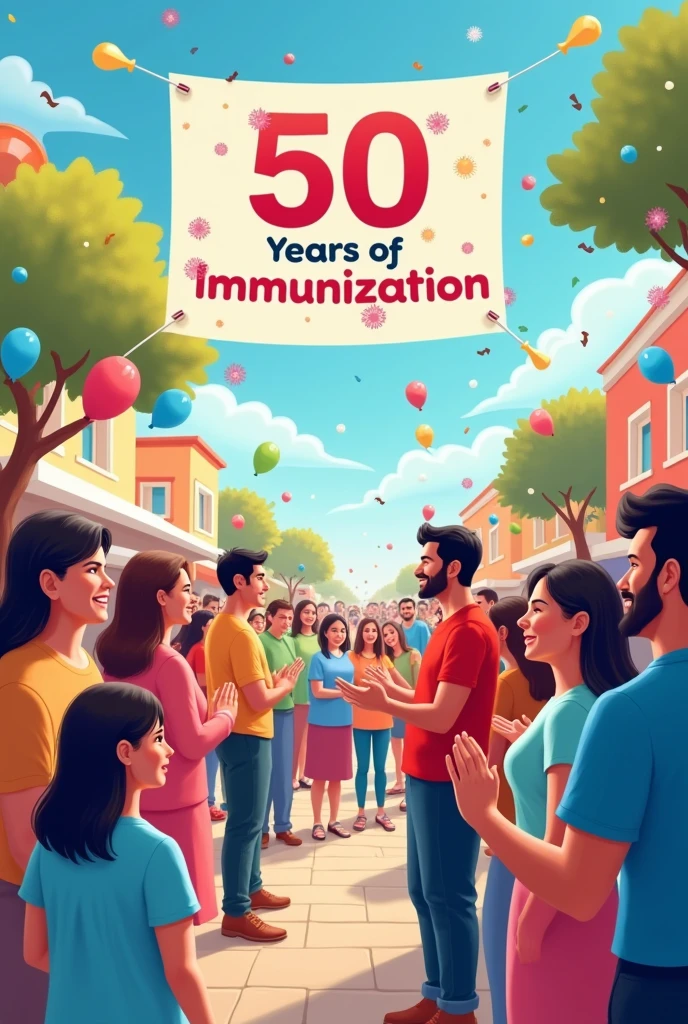 A pic which demonstrate "50 years of celebrating immunization " and include people having vaccine joining together sign visible taht they are vaccinated
There should be clearly mentioned " celebration 50 year of immunization "