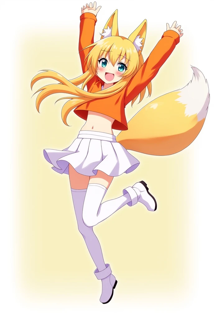 Cute anime girl smiley face with a fox ear wearing an orange crop top, white short skirt, stocking, white boots. Jump pose low angle no background