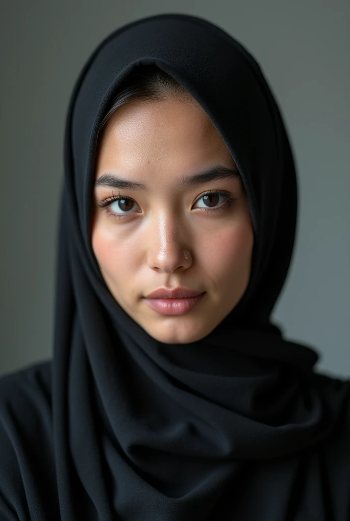 Half body portrait .Hijab girl in studio . Two light photography. Shoot by canon r1. Two soft light come from godox v1.