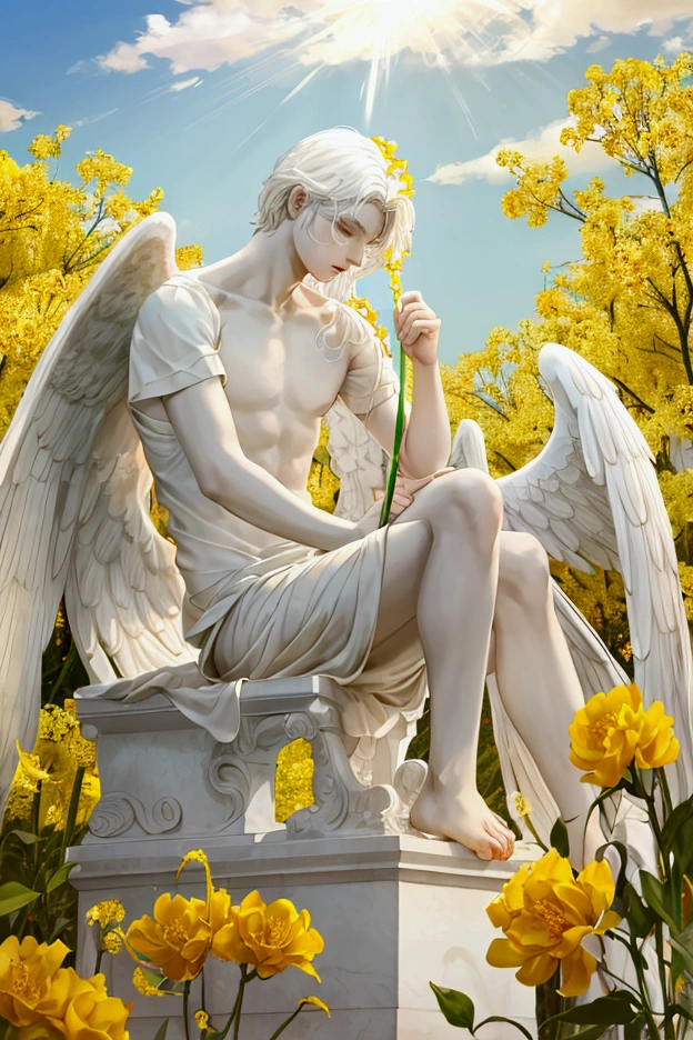 1boy, A male marble angel statue weeping in a field of yellow flowers. The angel has long and white hair blowing in the wind.