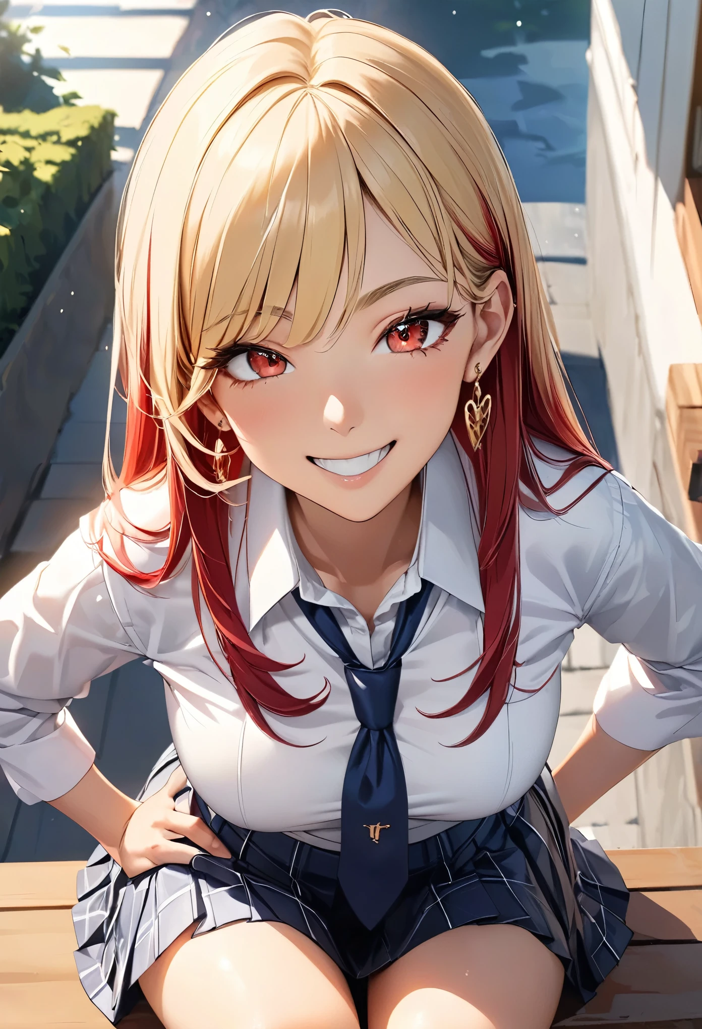 Tabletop anime character with long red hair and tie sitting on a bench, Highest quality, High resolution, Kitagawa Marine, One Girl, Blonde, Long Hair, Multicolored Hair, Red eyes, jewelry, Earrings, Earrings, school uniform, White shirt, tie shirt, Black choker, Blue tie, Checked skirt, Hands on hips, ,Grin, smile, Are standing, Cowboy Shot, Outdoor, Dark blue high socks　Magic Mix Real、(RAW Photos:1.2)、(Photorealistic:1.4)、The beauty of beautiful details　Delicate expression、Blondeの、((I can see your pants))(Squatting panchira)Earrings　Eyelashes　Beautiful and fine details、Large file size、Ultra-detailed、High resolution、Transcendental beauty　Highest quality、masterpiece、、(Japanese high school girls uniform))、Extremely detailed representation　 grow、In detail、Highly detailed facial cinematic lighting、Two、Positive、((Dynamic Pose)))、(Sit with your knees bent))、Pleated skirt、blazer、Sexy upward glance、I am smiling at you