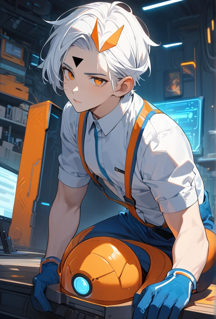 (( 4k Best Quality))((work of art)) ((ultra resolution)), Unique Boy, figura masculina, slenderbody, masculine, Short and Straight White Hair All Down, orange eyes, Black Band on the Forehead with Two Triangles in the Corner in Orange and Blue Colors, Blue Jumpsuit with Suspenders and an Orange Gear Symbol on the Chest, White Blouse with Sleeves, Blue Gloves on Top and Orange on Bottom, Cyberpunk Workshop Background, complete view, Ultra character quality.