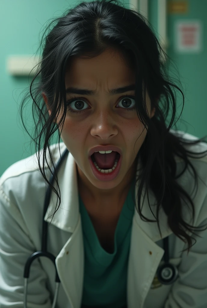 A doctor girls scared and shocked with dark circles messy hair in air and dirty clothes alot and shouting more scared and Bengali
