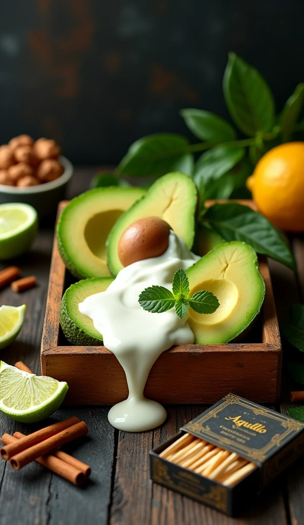 An artistic composition of fresh avocado slices placed in and around a wooden box, with a creamy white sauce flowing gently over the top. The scene is decorated with lime and lemon slices, providing a fresh and bright contrast. Cinnamon sticks are scattered throughout, adding a touch of warmth and spice. Antique matchboxes with the label 'Aguillo' are carefully placed nearby, creating a rustic and nostalgic atmosphere. The overall image is rich in texture, with a mix of freshness, warmth and playfulness, against a dark and moody backdrop.