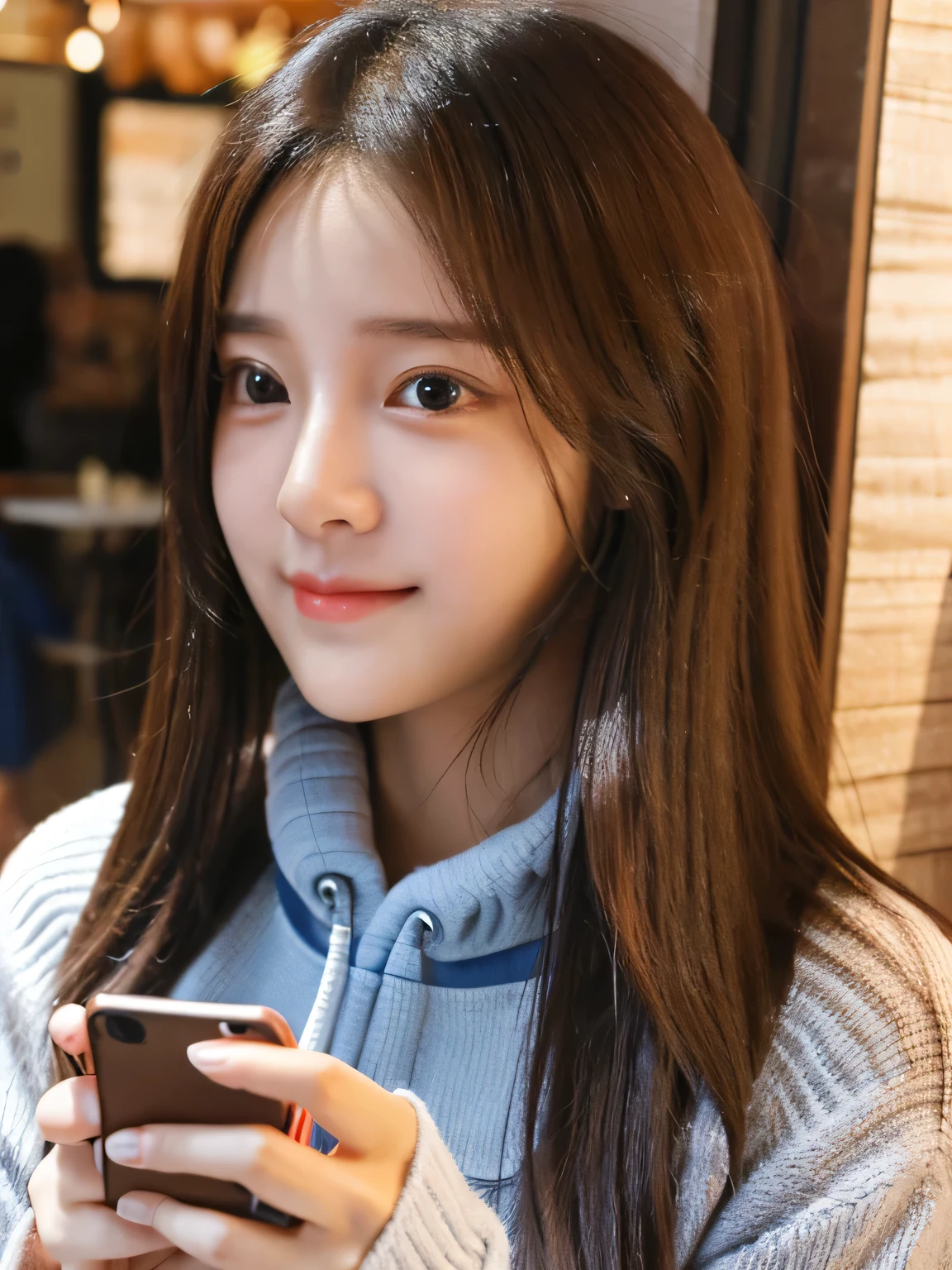 student girl korean cute　face　((best quality)), ((masterpiece)), (detailed), perfect face, seductive, face and body focus, casual clothes, photorealistic, casual hood, photorealistic, photograph, shiny blouse, background her home, out door, Selfi,use handphone 