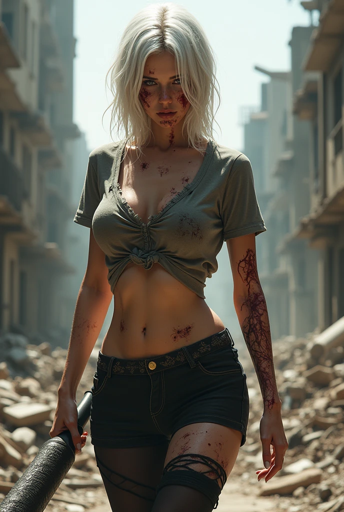 Young woman, post apocalypse, Zombie, ruined city, flame, face in blood,boobs are visible, bare chest, lace bra, black bra, without pants, Without shorts, Lace panties, put on panties, Without shorts, scratches, holes in the t-shirt, White hair, black tights, full tights, A bat in his hand