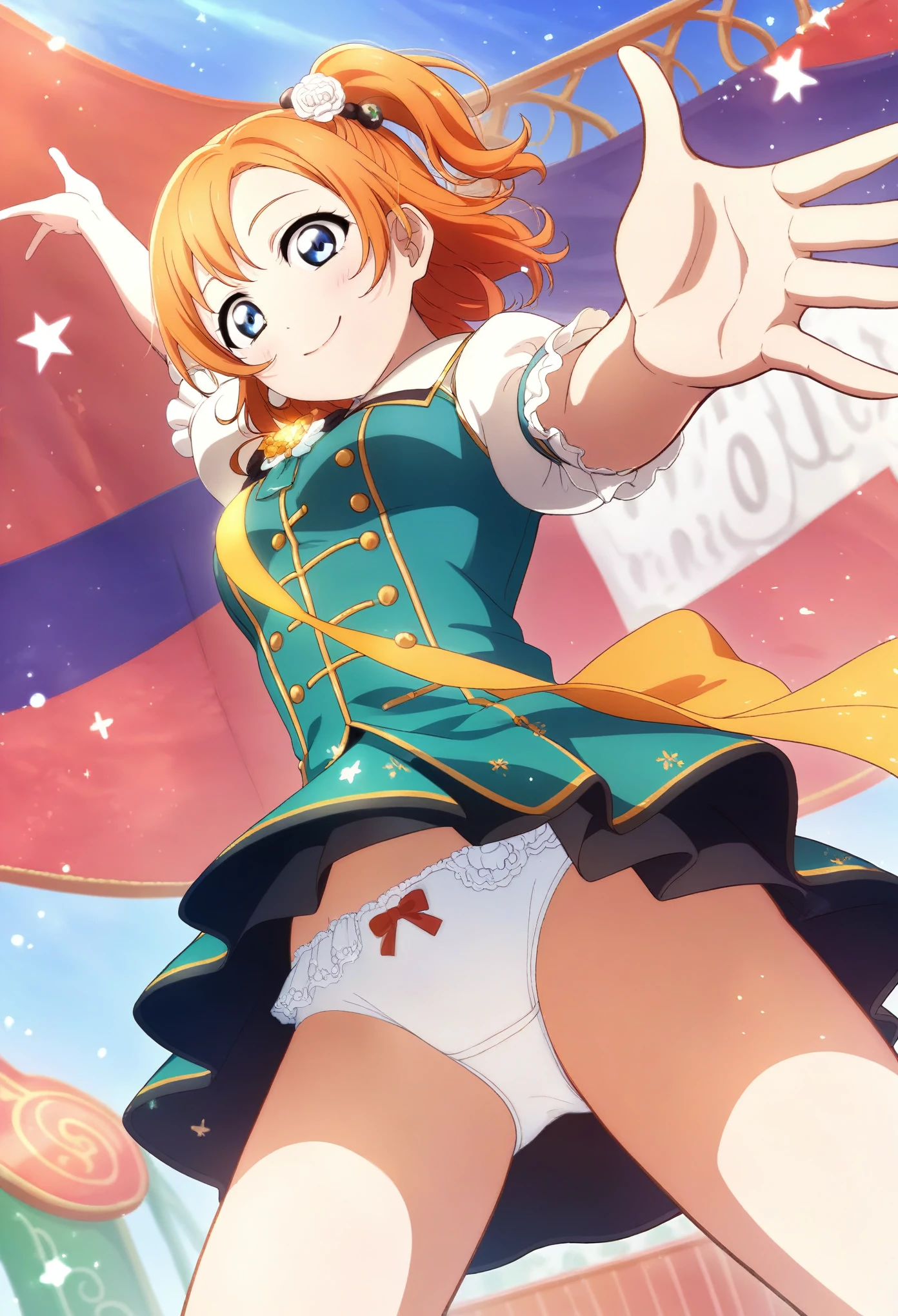 (Low - Angle), (masterpiece, Highest quality, High resolution), score_9, score_8_superior, score_7_superior, score_6_superior, sauce_anime, One person, Honoka Kousaka, We are in the present, lovelive!, score_9, score_8_superior, score_7_superior, score_6_superior, sauce_anime, blue eyes, Orange Hair, Medium chest, Side Ponytail, Medium Hair, Idol, Dancing energetically,Hands outstretched, Outdoor, μsIdolドレス, loveliveのIdolドレス, Bright Stage, Illumination from below, 赤スーツのIdolコスチューム, White panties, Frilled Panties, Panty shot, alone, A big flip-up dress, White pleated skirt, smile