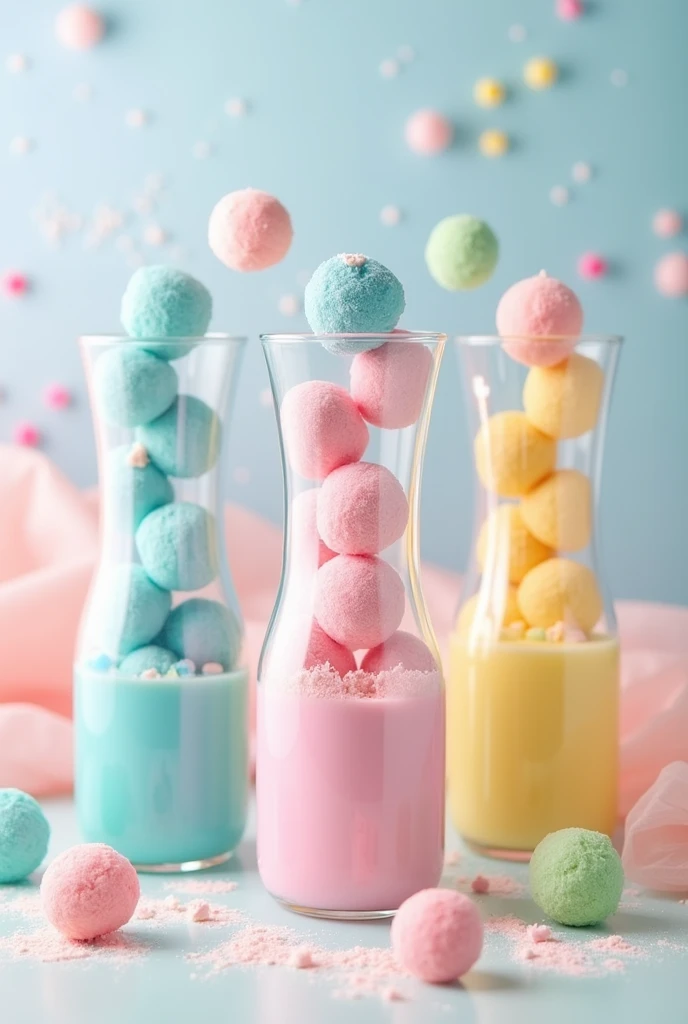 many milk balls with color blue, pink, green, yellow in tall glasses jar, HD, transparent background, with many white milk powder on the milk balls 