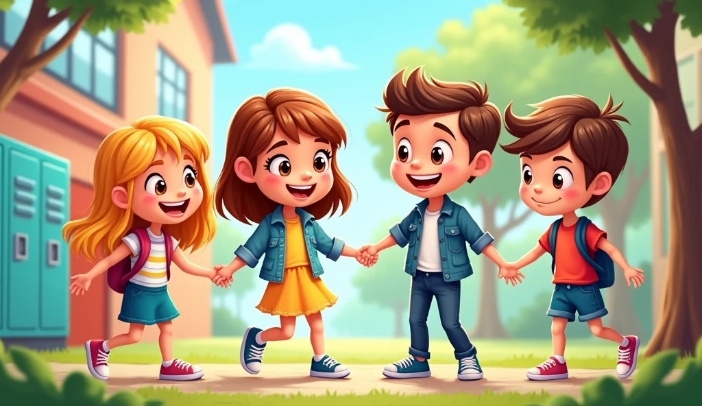 two girls two boys cartoon friends in school off time