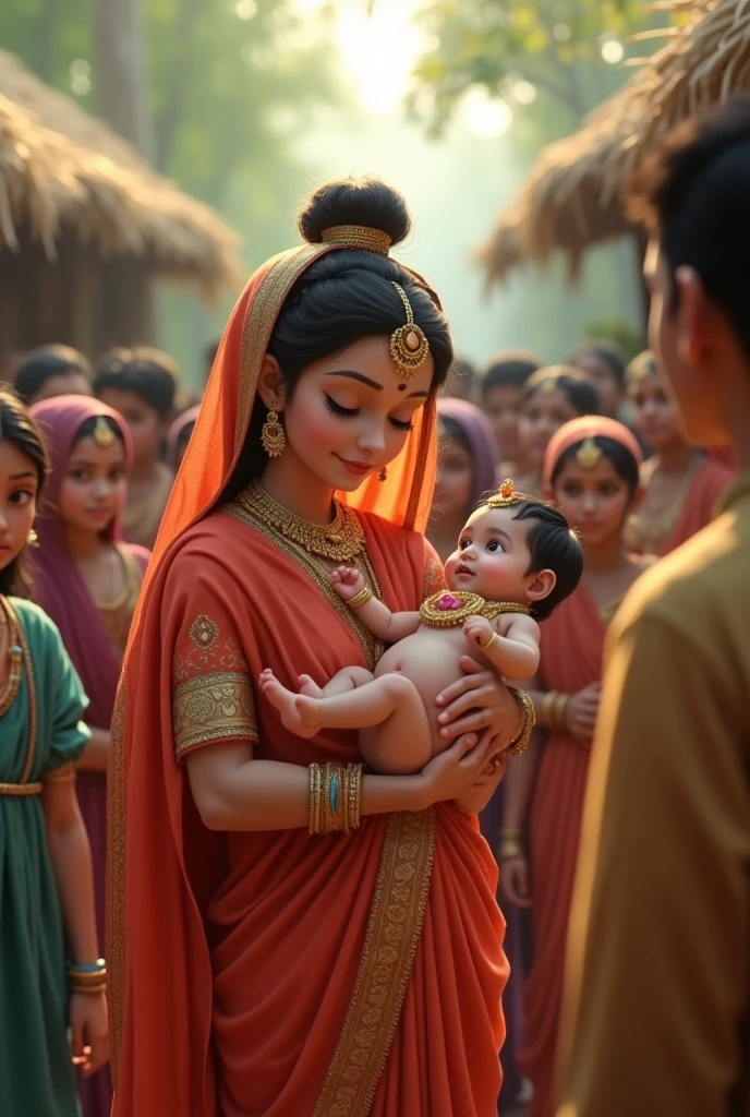 Krishna baby , seeing villagers of  krishna , krishna baby in his mother hand 