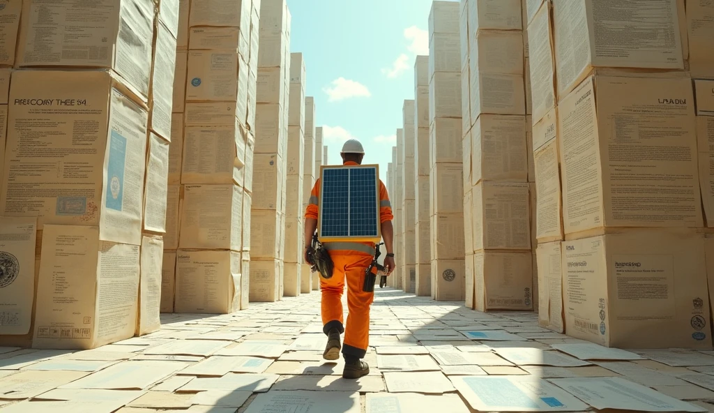 (photorealism:1.2), Un labyrinthe avec des murs faits de formulaires et de documents. L'installateur, portant un panneau solaire qui dépasse de son dos, essaie de naviguer à travers ce labyrinthe. 