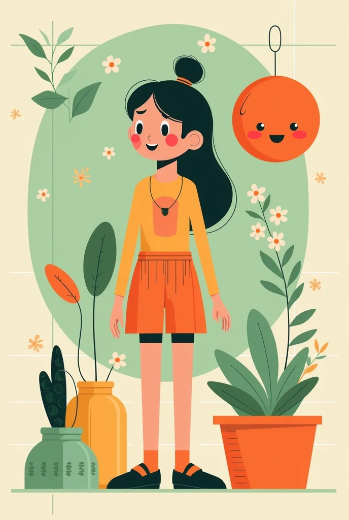 Victor Nai's style, beautiful details,simple,modern,advanced,cute,Color blocking,flowers,Orange,light green,grid,line,illustration,vigor,pixar