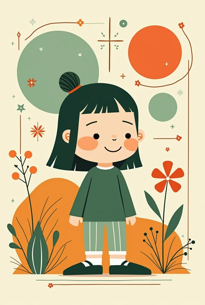 Victor Nai's style, beautiful details,simple,modern,advanced,cute,Color blocking,flowers,Orange,light green,grid,line,illustration,vigor,pixar