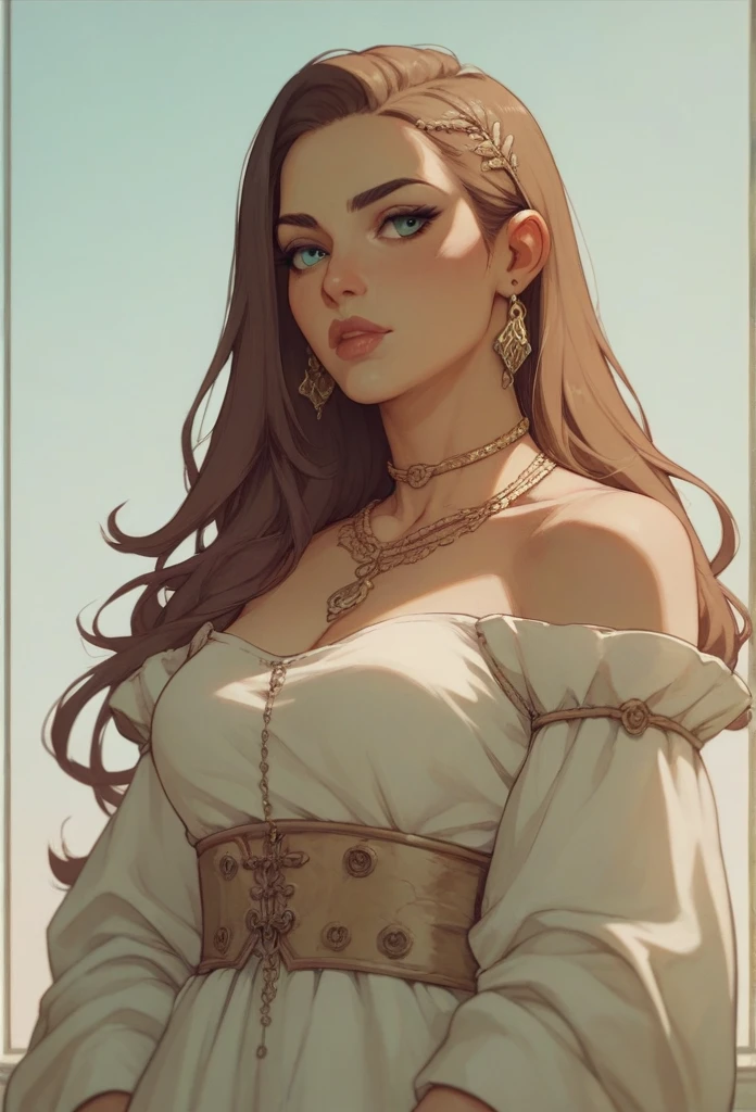 ((masterpiece)), (best quality), (cinematic),  art nouveau style watercolor painting , Arctic goddess, large breasts, big eyes, long thick eyelashes, cleavage, full lips, dark red eyes, long thick hair,  high ponytail, accessories, flower_background, featuring intricate designs and patterns in the style of Alphonse Mucha.