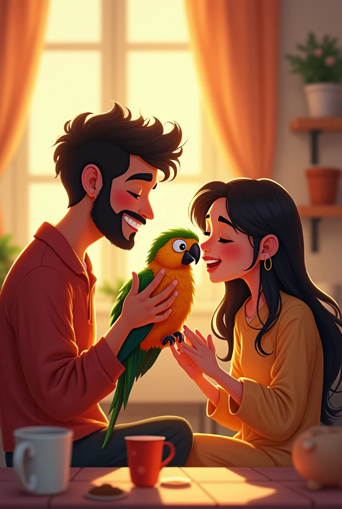 Arqam and Mishal loved their parrot very much."

Prompt: An illustration showing Arqam and Mishal smiling and looking at their parrot Mitthu. Arqam is gently petting the parrot while Mishal is clapping with joy. The scene is warm and filled with affection, set in a cozy, homey environment.