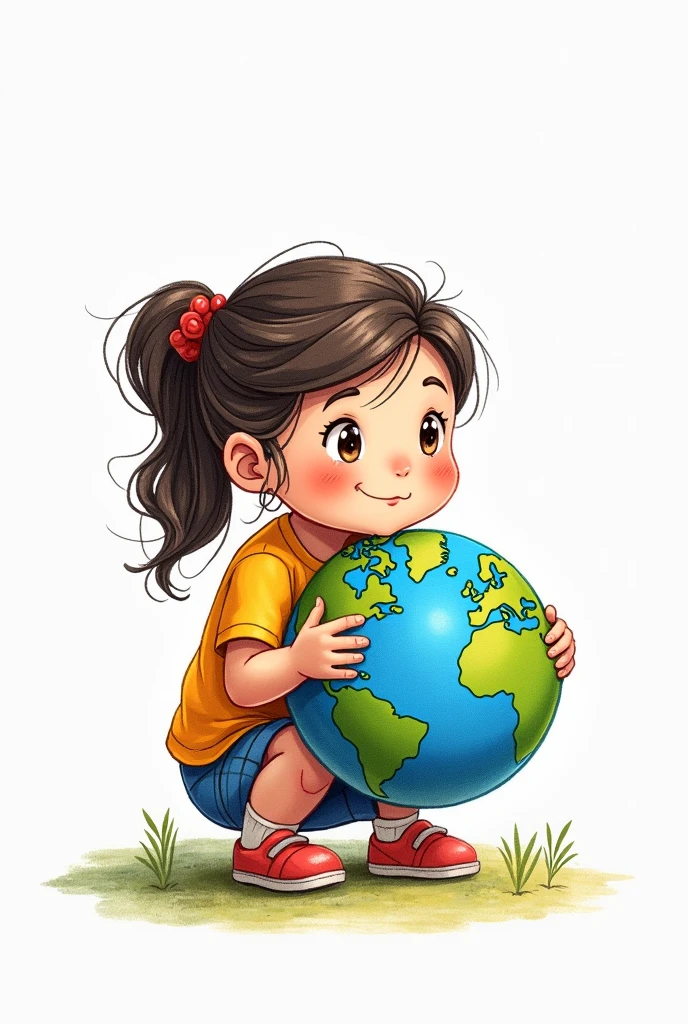 A elementary student holding earth whilst crouching, make her look like hand drawn and the colors are made using crayons