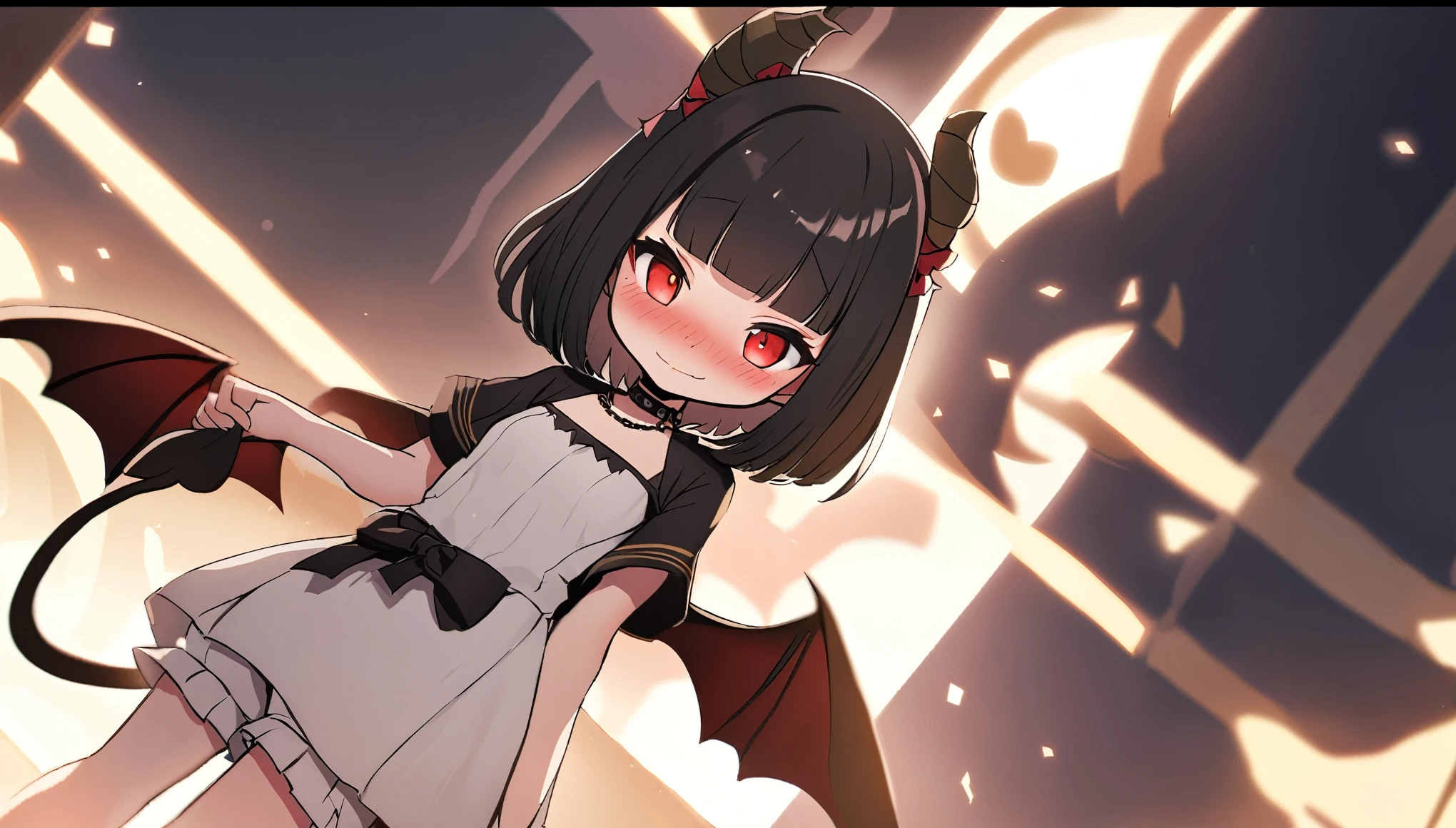 _XL_PStyles, 1 chibi girl, 
head on black sheep horns, bat_wings, demon tail, , small breasts, bob cut, blunt bangs, black hair, red eyes, black sclera, embarrassed nose blush smile, hime-sode, white dress_shirt, darkred short_dress gothic, black capelet, white bloomers, chain_choker,  cute anime face cinematic lighting cinematic angle