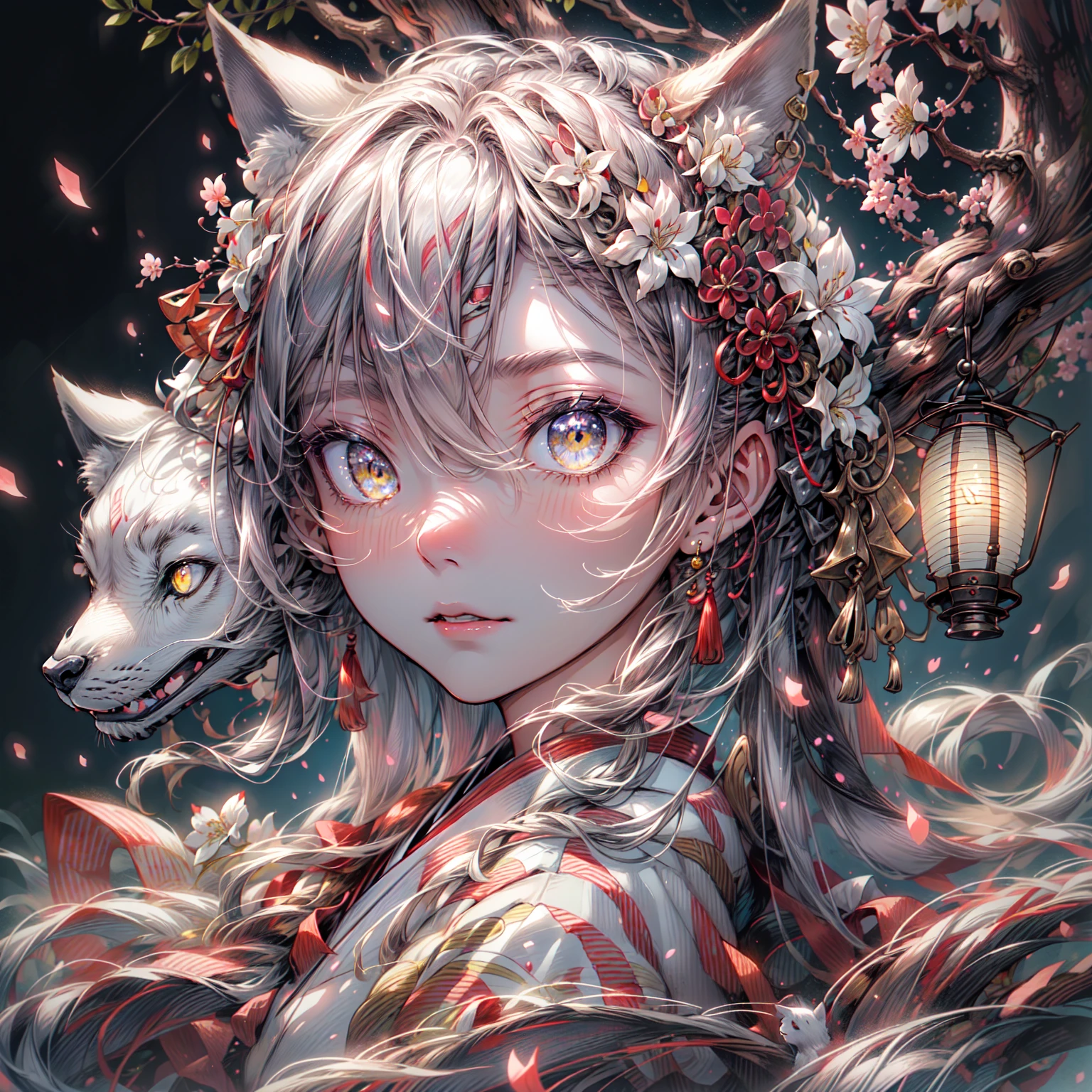 (masterpiece, Highest quality, Highest quality, Official Art, White skin, beautifully、aesthetic:1.2), (One person), (Detailed yellow eyes), Highly detailed eyes, (Perfect Face), (White kimono with red stripes:1.3), Dynamic pose, (colorful), Most detailed, Complex, (Perfect Face), Glowing Skin, (White fox), (Cherry blossom petals), Cinematic Light, High Contrast, full moon, (Starry sky background:1.3), (Lantern sink:1.2)