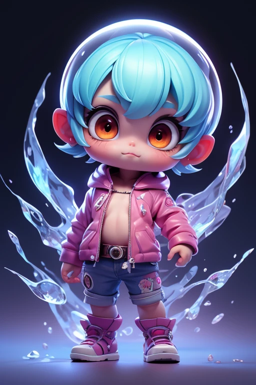 Create a monster image, a small, big-headed, monster.. The body is transparent and can be seen through. The image is sharp and detailed., with beautiful colors.. With arms, leg, eyes, mouth, พื้นหลังสีlegว
