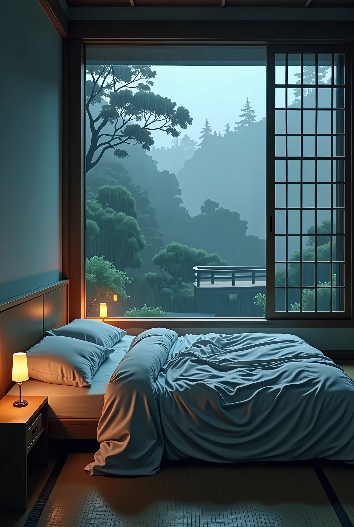The picture shows a comfortable bedroom with large windows offering a beautiful view., Dimly lit gardens and flower-filled gardens. cinema, gloomy, The atmosphere outside is cloudy and rainy. Japanese house, This room has tatami mat floors., Shijo doors and minimalist wooden furniture. . The bed has no wrinkled sheets., It shows that he only sleeps peacefully.. Looks dim, gloomy. There is a small table by the bed with a classic lamp that casts warm light into the room.. Outside the window, You can see lush green trees on the balcony or terrace area., It's raining., The left light bulb provides warm light., Create a calm and peaceful atmosphere.. With fog obscuring some of the landscape in the distance.. The contrast between the warmth inside the building and the rainy outside creates an inviting and peaceful atmosphere.