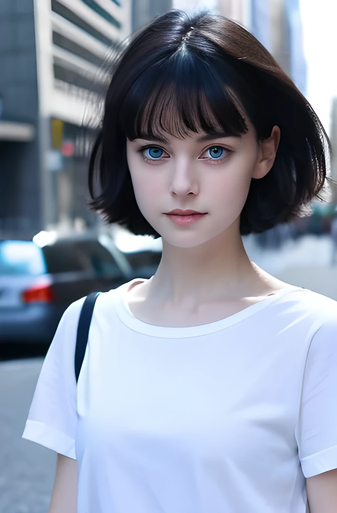 1 girl,short black hair,blue eyes,wearing plain white shirt,denim shorts,city,absurdres,high res,ultrasharp,masterpiece,looking at viewer,8K