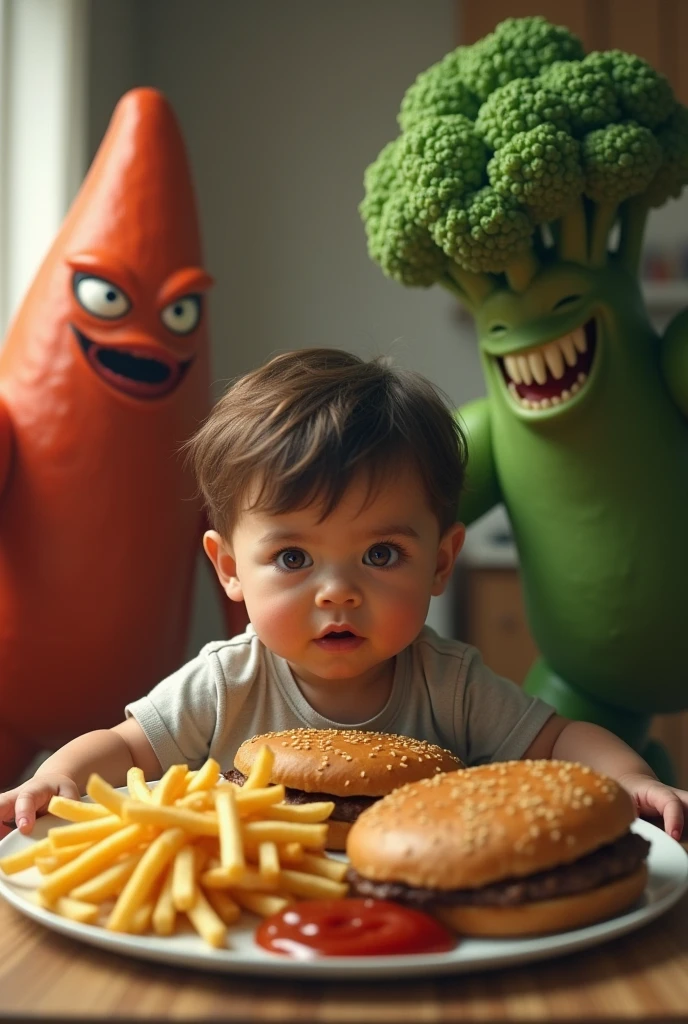Realistic child defends his plate of fries, a minced steak and ketchup for cabbageman and carrotman