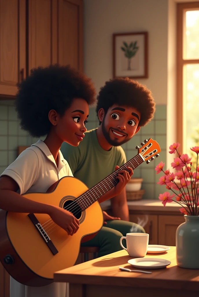 an african girl playing guitar in kitchen with her boyfriend
