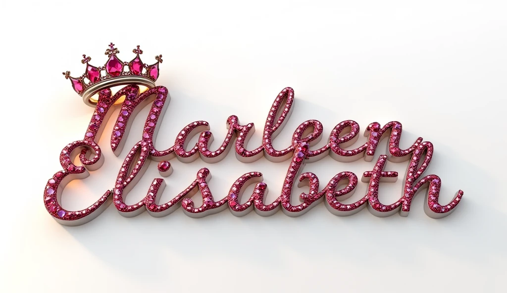 A captivating and luxurious 3D render of the name "MARLEEN ELISABETH " in grand silver letters. The stunning cursive design is adorned with a regal crown of shimmering ruby jewels, exuding elegance and opulence. The warm silver light from the letters reflects off the ruby gems, creating a mesmerizing visual effect that draws the viewer in. The solid white background highlights the contrast and beauty of the design, emphasizing Yadira's importance and reverence. This masterfully crafted poster is not only a testament to her significance but also a stunning showcase of 3D render artwork, illustration, and typography.