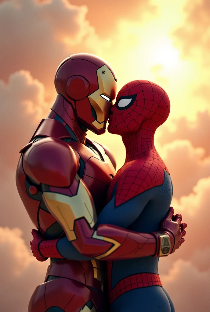 Iron Man and Spider-Man are hugging each other in the heaven