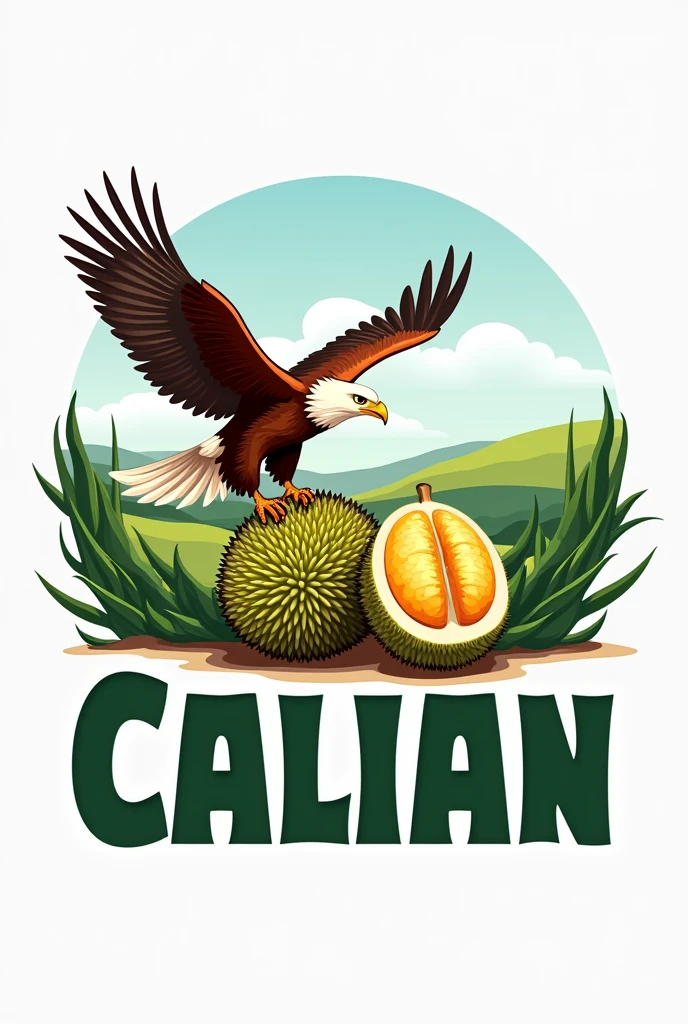 Logo for farming, with flying eagle, durian fruit, and slogan "4H Club Calinan District