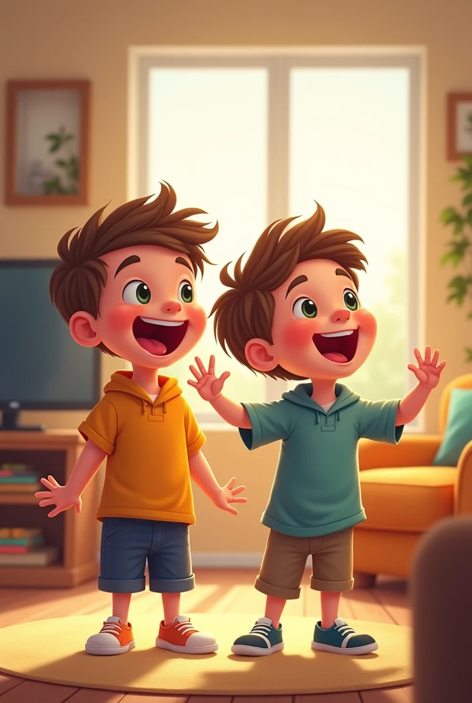 Twins cartoon boy in their home of fiv .one are watching TV and one is laughing loudly but other is just smiles .